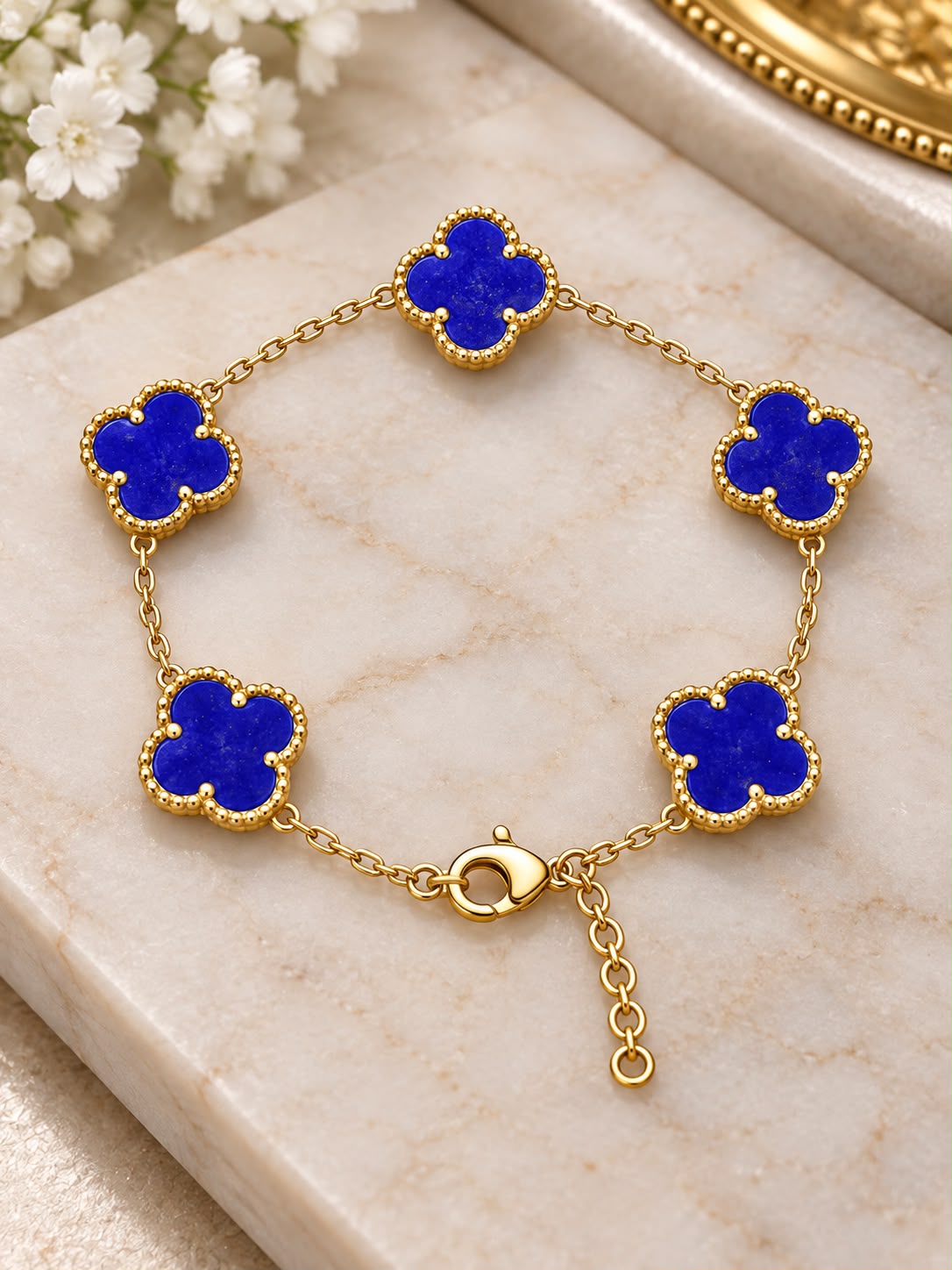 10K Yellow Gold Blue Flower Bracelet 7” Five Flower Design Women’s Jewelry