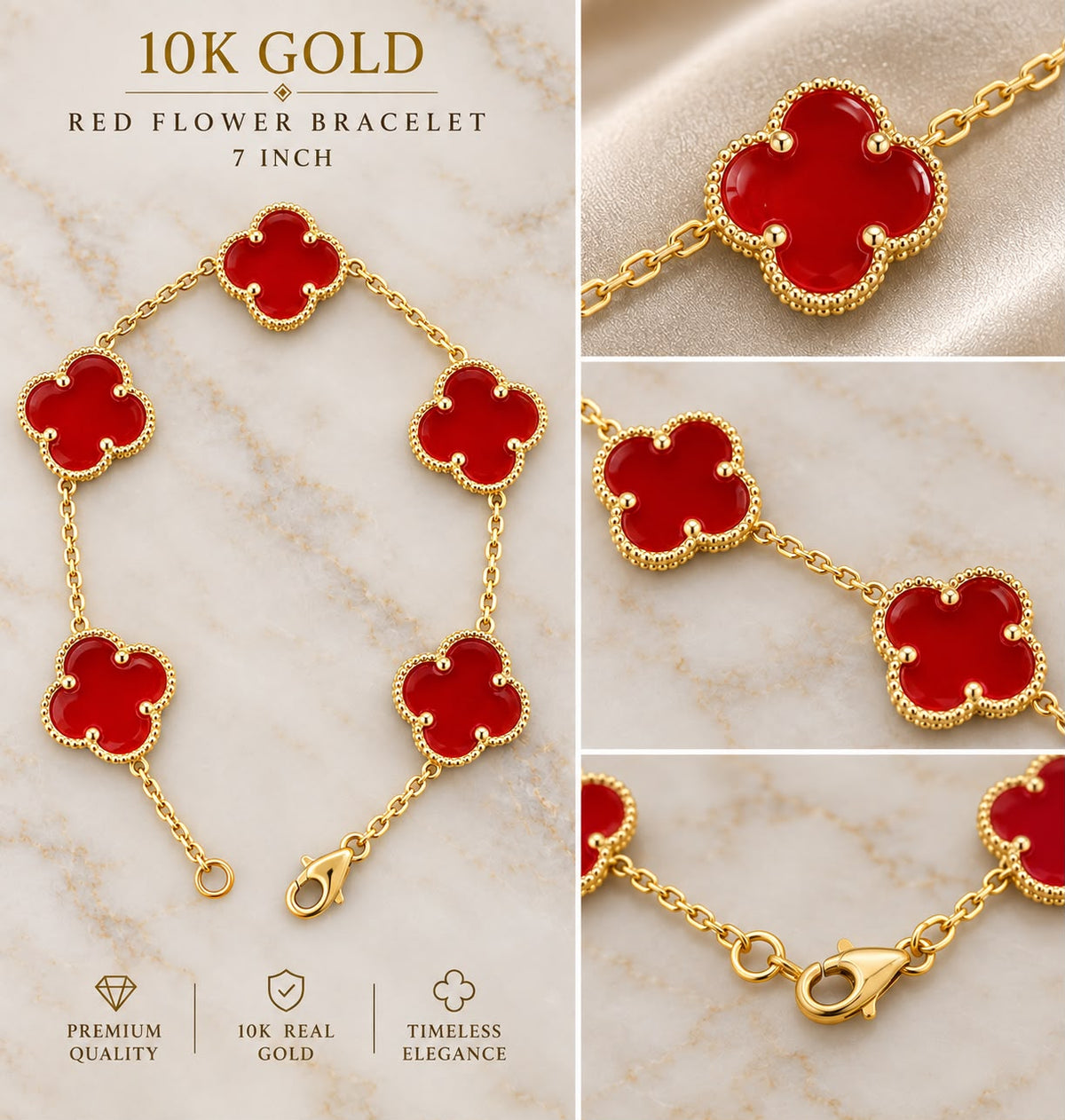 10K Yellow Gold Red Flower Bracelet 7” Five Flower Design Women’s Jewelry