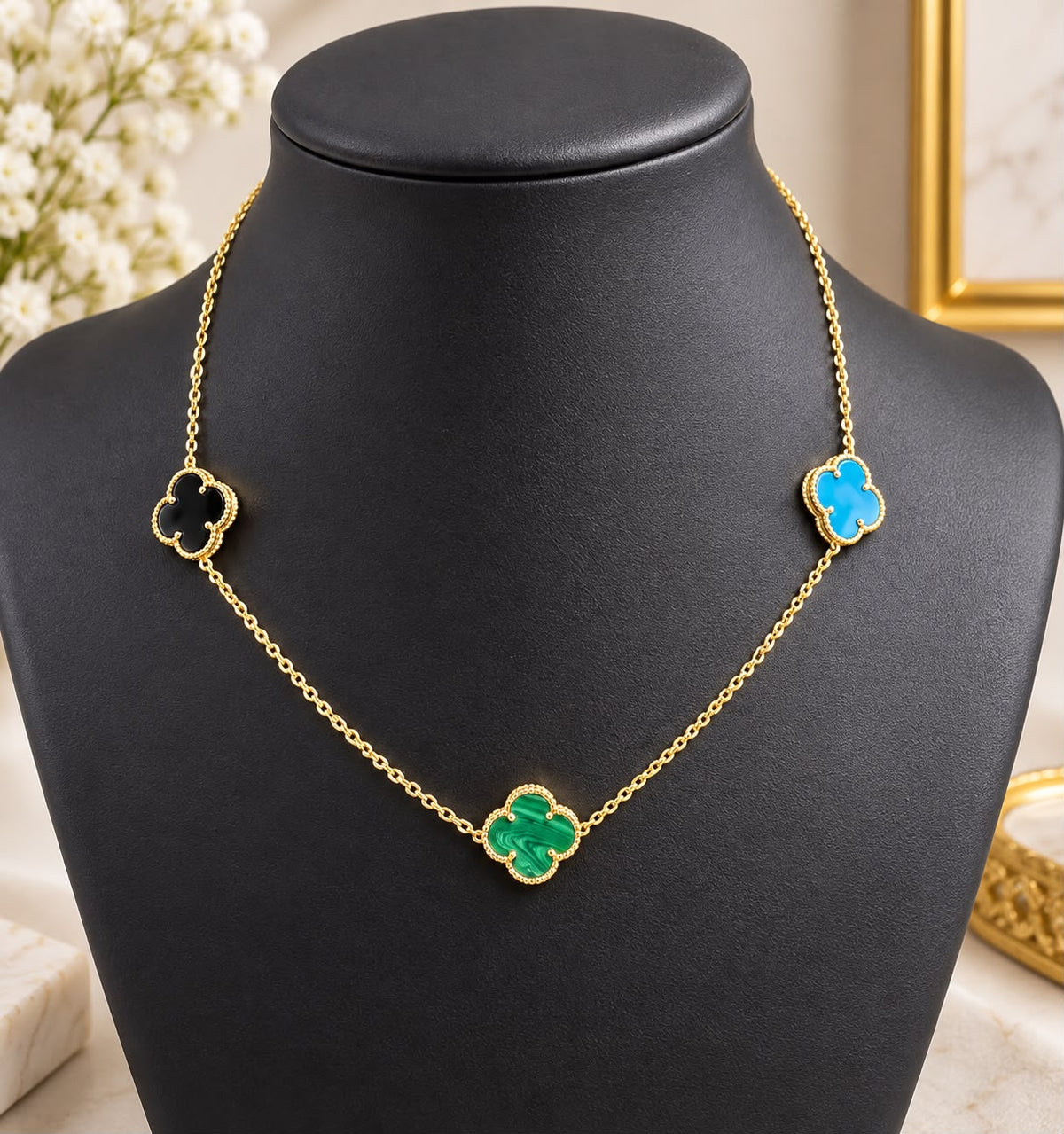 10K Yellow Gold Multi-Color Flower Necklace 14” Five Flower Station Necklace