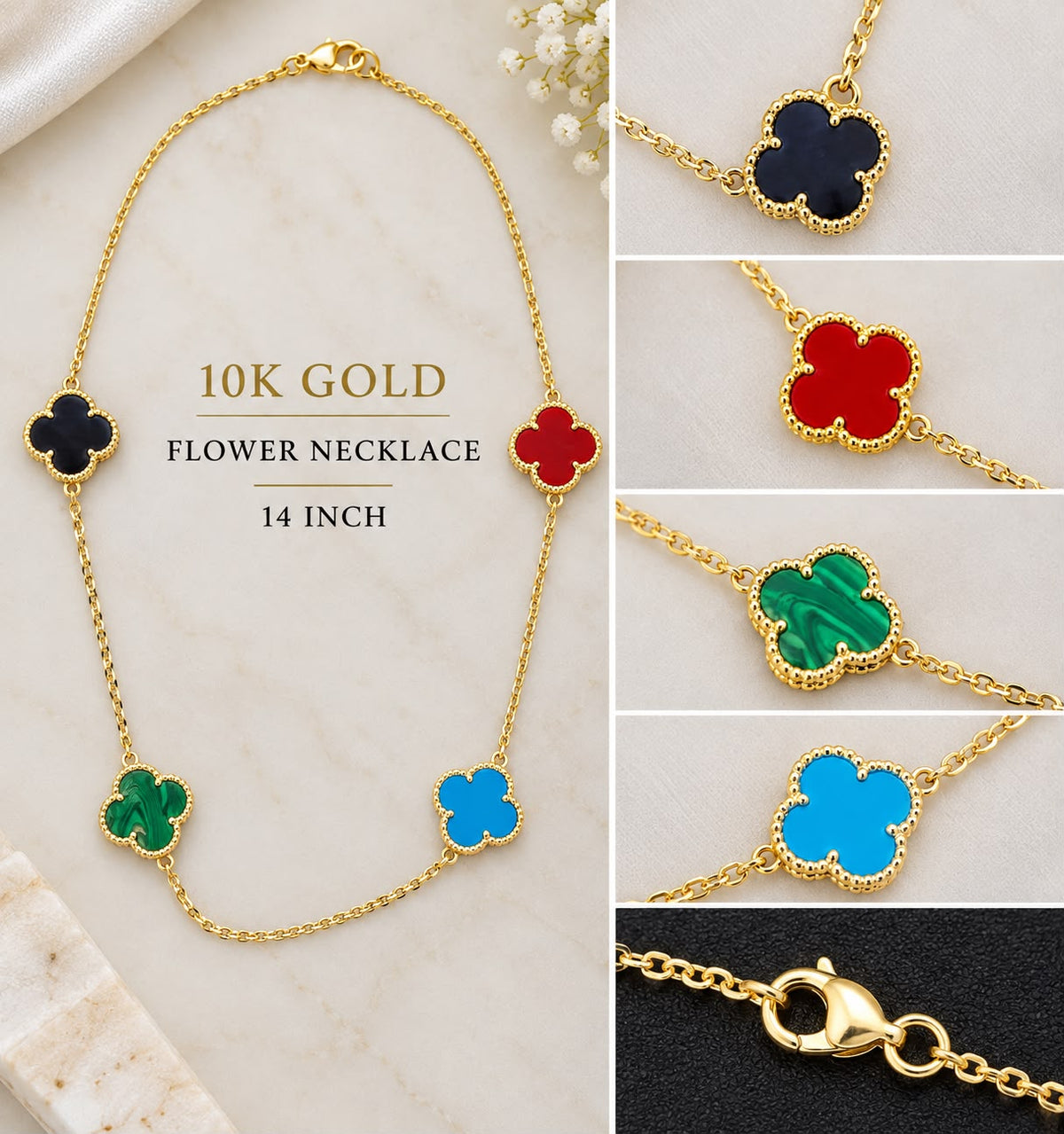 10K Yellow Gold Multi-Color Flower Necklace 14” Five Flower Station Necklace