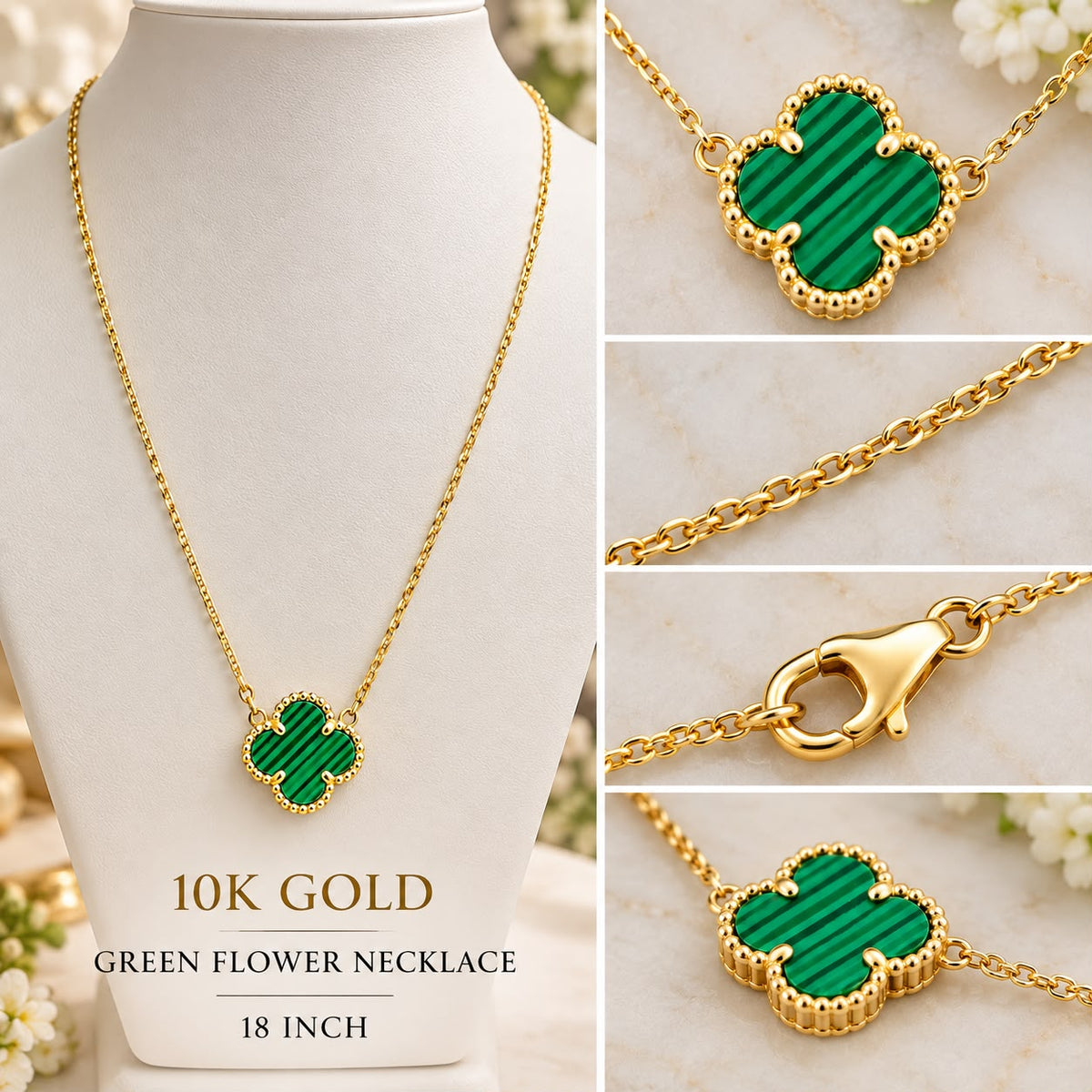 10K Yellow Gold Green Flower Necklace 18” Four Leaf Clover Style Women’s Jewelry