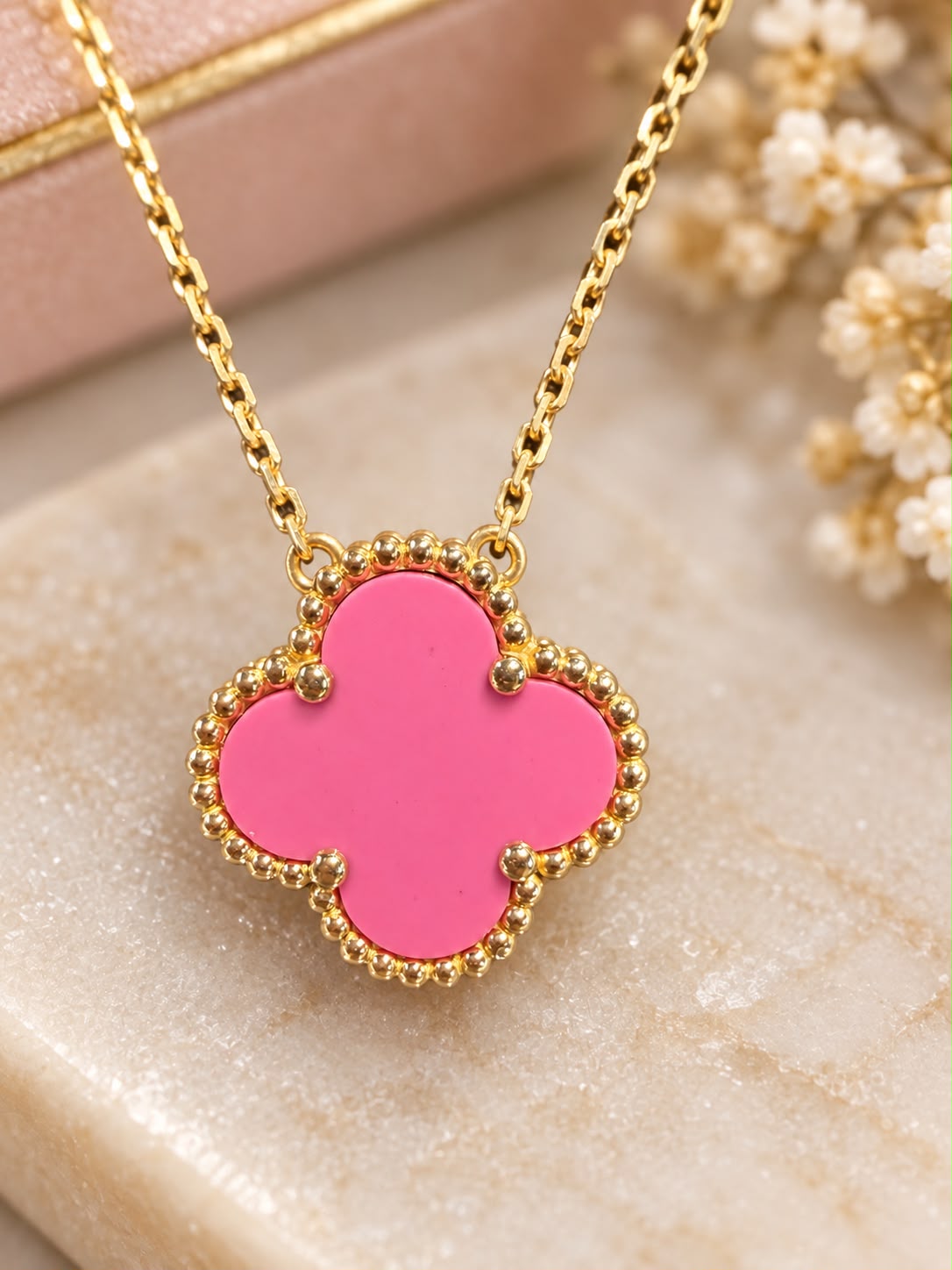 10K Yellow Gold Pink Flower Necklace 18" Four Leaf Clover Style Women’s Jewelry