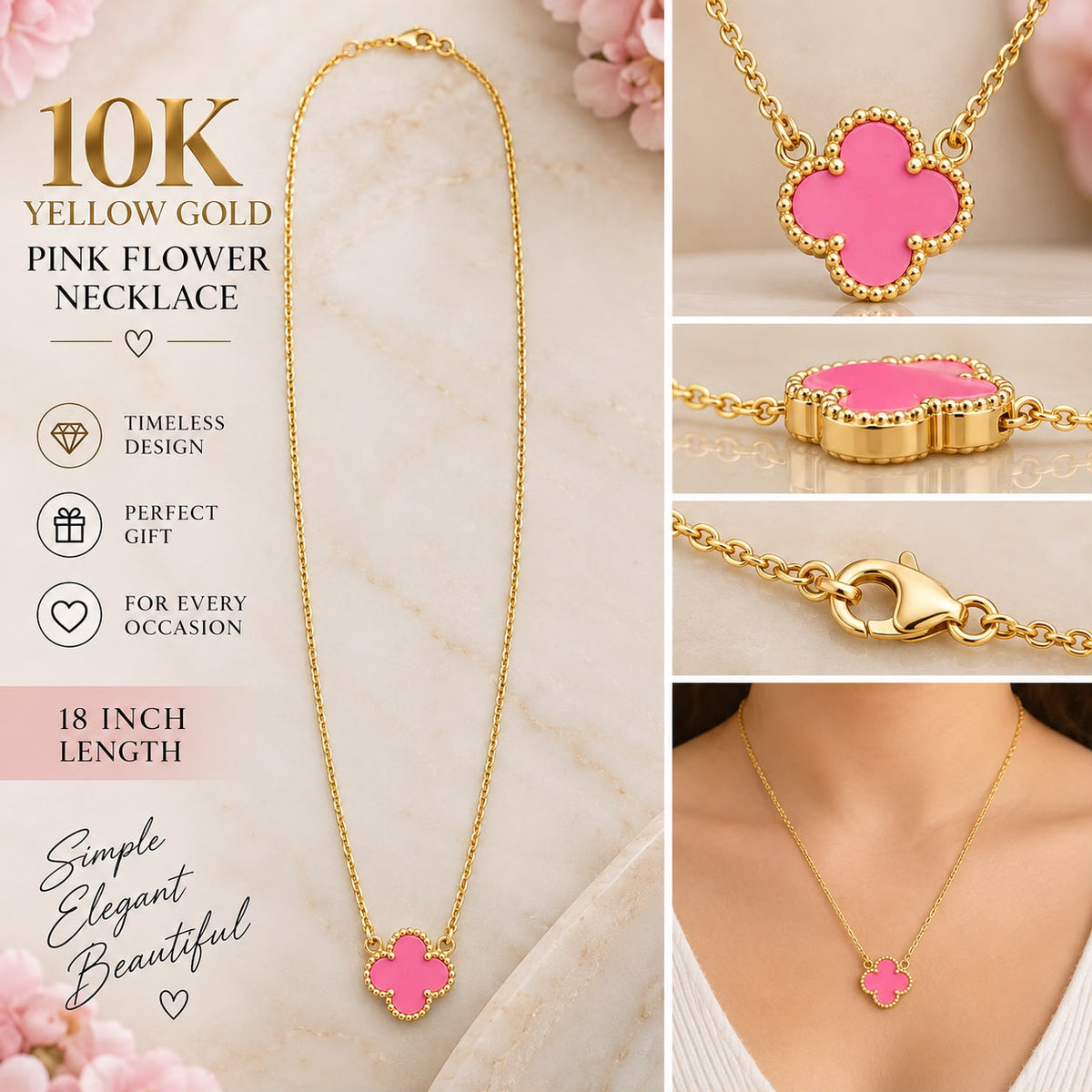 10K Yellow Gold Pink Flower Necklace 18" Four Leaf Clover Style Women’s Jewelry