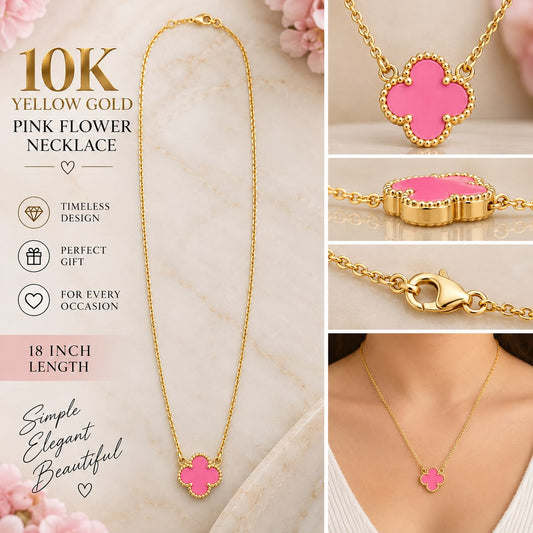 10K Yellow Gold Pink Flower Necklace 18" Four Leaf Clover Style Women’s Jewelry