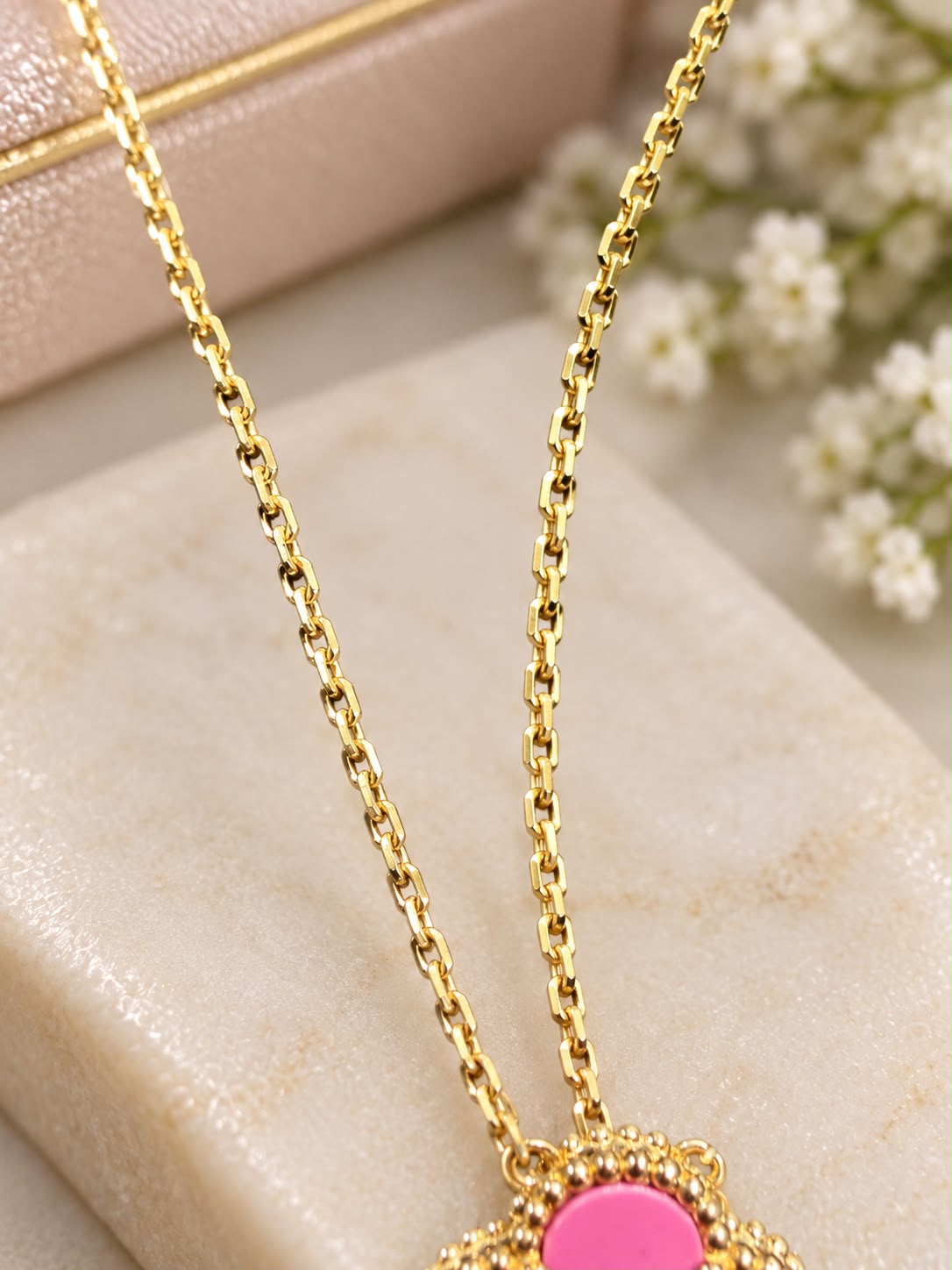 10K Yellow Gold Pink Flower Necklace 18" Four Leaf Clover Style Women’s Jewelry