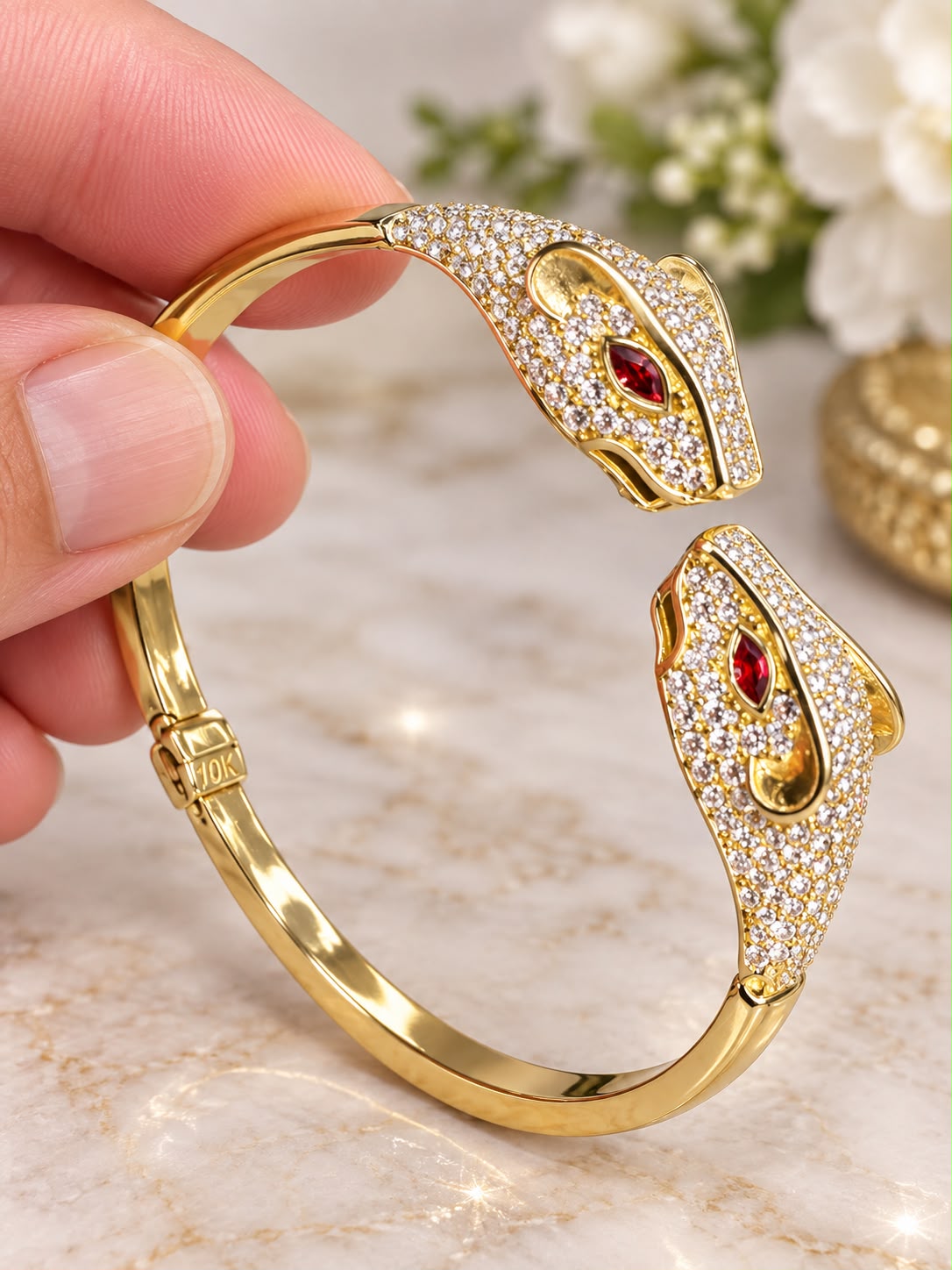 10K Yellow Gold CZ Panther Head Open Cuff Bracelet Red Eyes Statement Jewelry