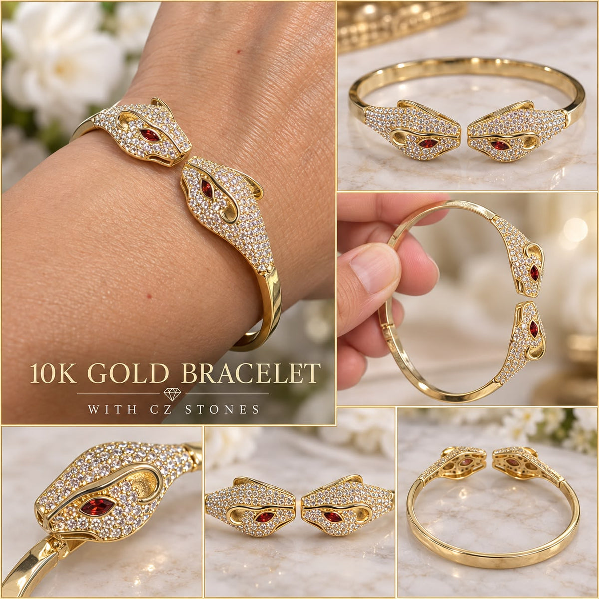 10K Yellow Gold CZ Panther Head Open Cuff Bracelet Red Eyes Statement Jewelry