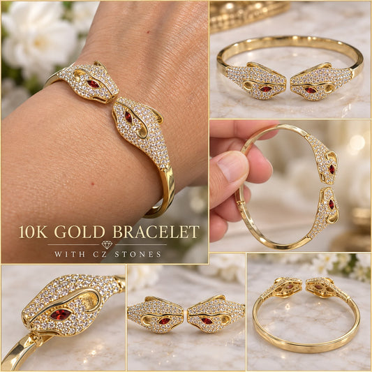 10K Yellow Gold CZ Panther Head Open Cuff Bracelet Red Eyes Statement Jewelry