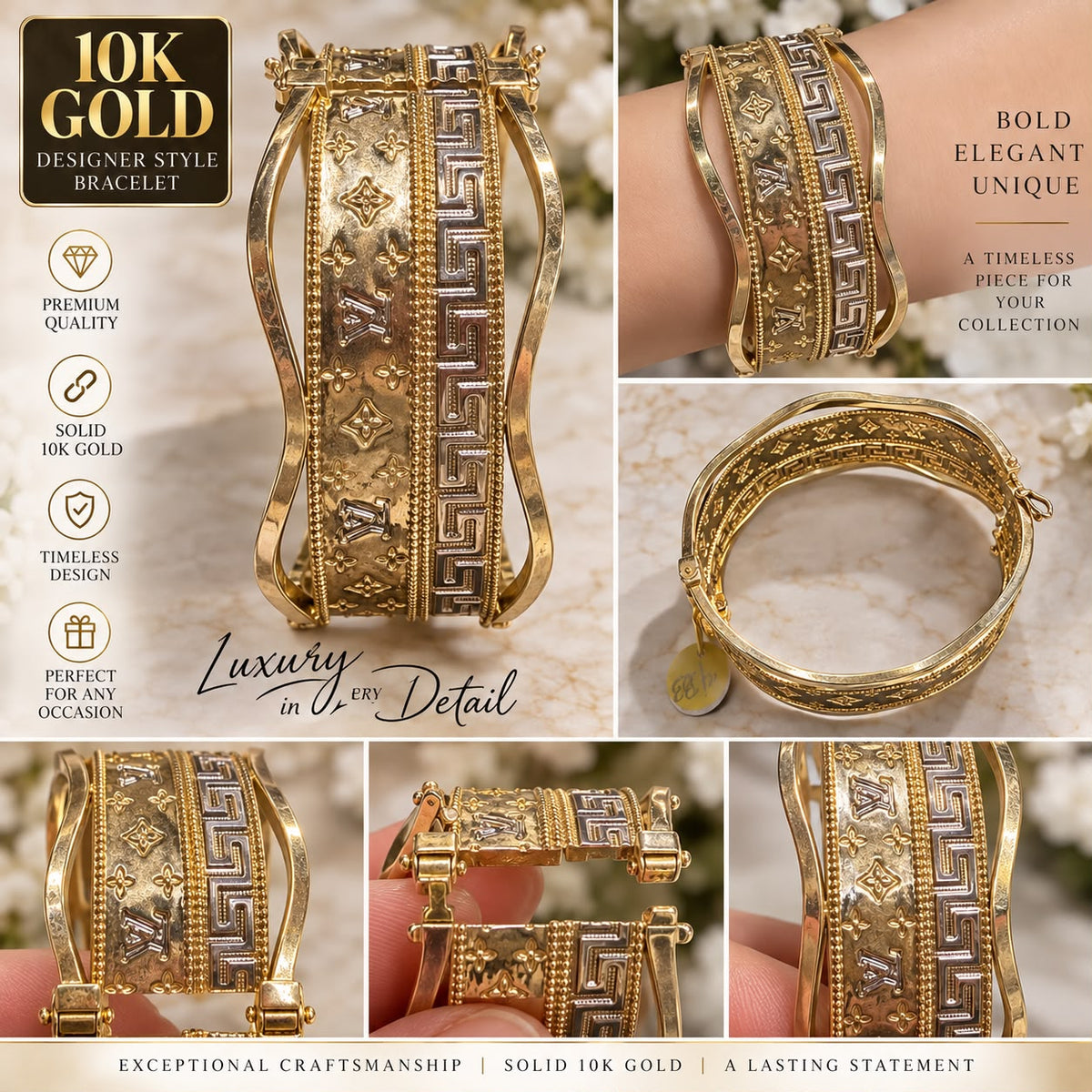 10K Yellow Gold Designer Style Wide Bangle Bracelet Two-Tone Greek Key Design