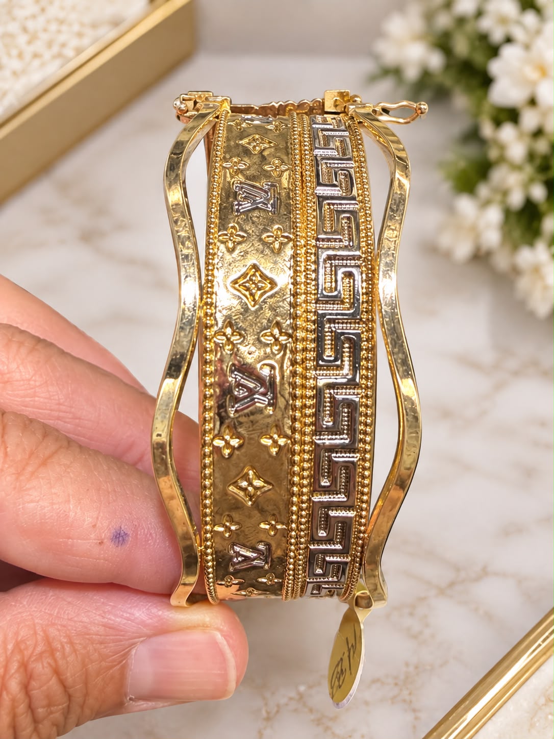 10K Yellow Gold Designer Style Wide Bangle Bracelet Two-Tone Greek Key Design