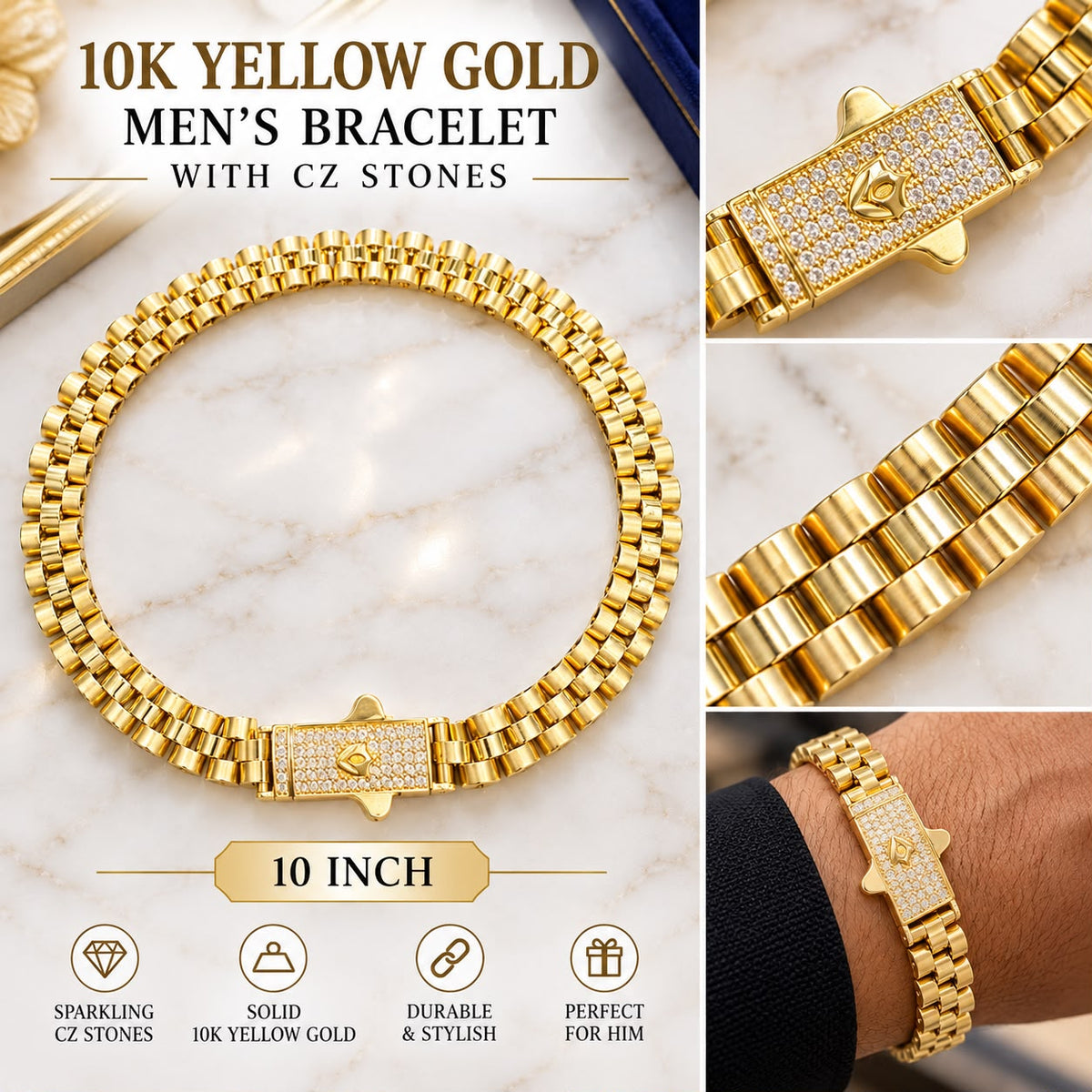 10K Yellow Gold Men’s Bracelet with CZ Stone Clasp 10 Inch Statement Bracelet