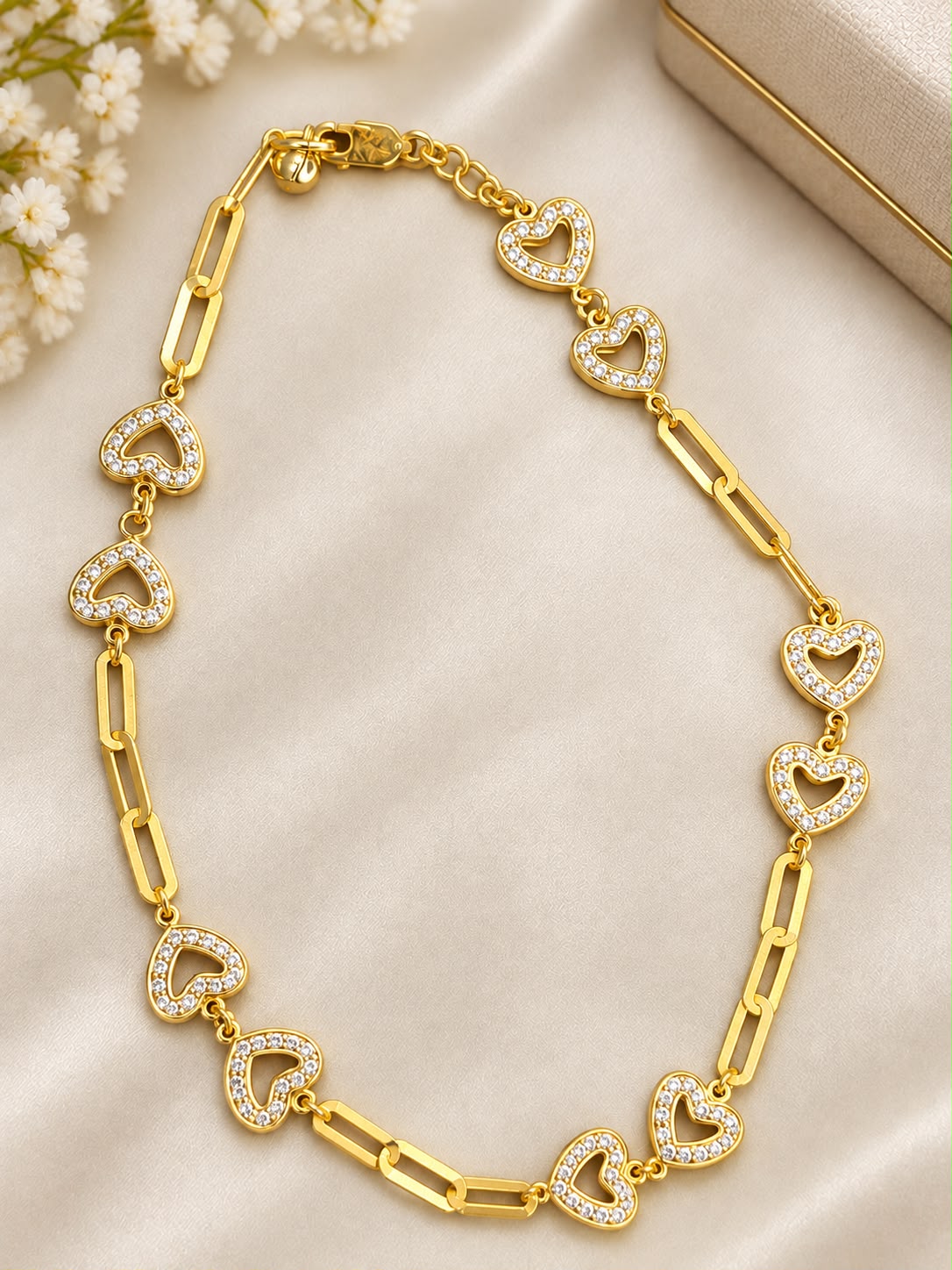 10K Yellow Gold Heart Anklet with CZ Stones 10 Inch Paperclip Link Women’s