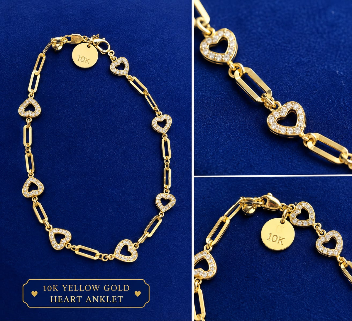 10K Yellow Gold Heart Anklet with CZ Stones 10 Inch Paperclip Link Women’s