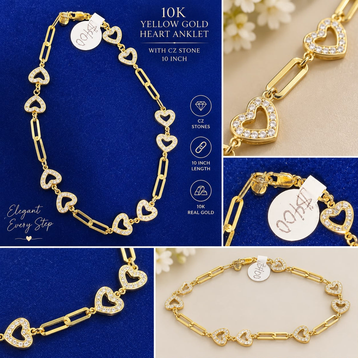 10K Yellow Gold Heart Anklet with CZ Stones 10 Inch Paperclip Link Women’s
