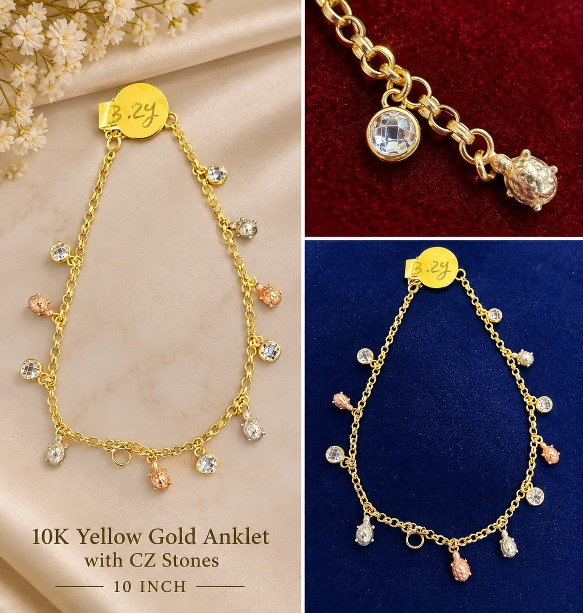 10K Yellow Gold 10” Anklet with CZ Stones Two-Tone Dangle Charms Women’s