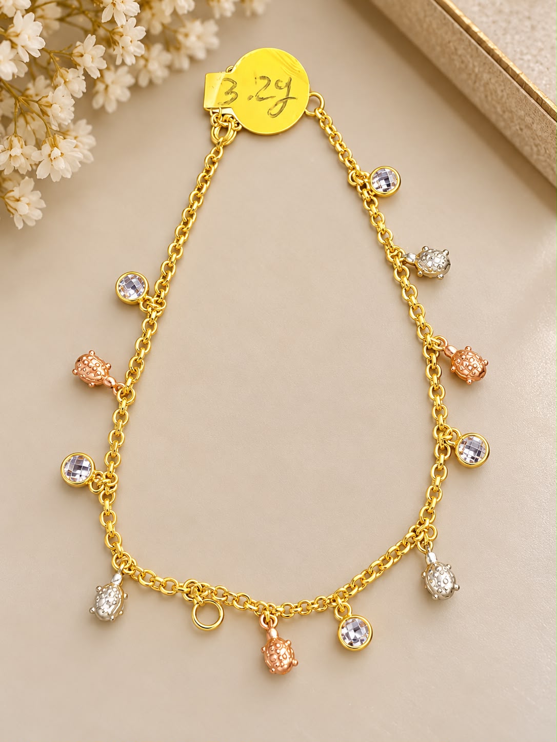 10K Yellow Gold 10” Anklet with CZ Stones Two-Tone Dangle Charms Women’s