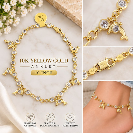 10K Yellow Gold Dolphin Charm Anklet with CZ Stones 10 Inch Women’s Anklet