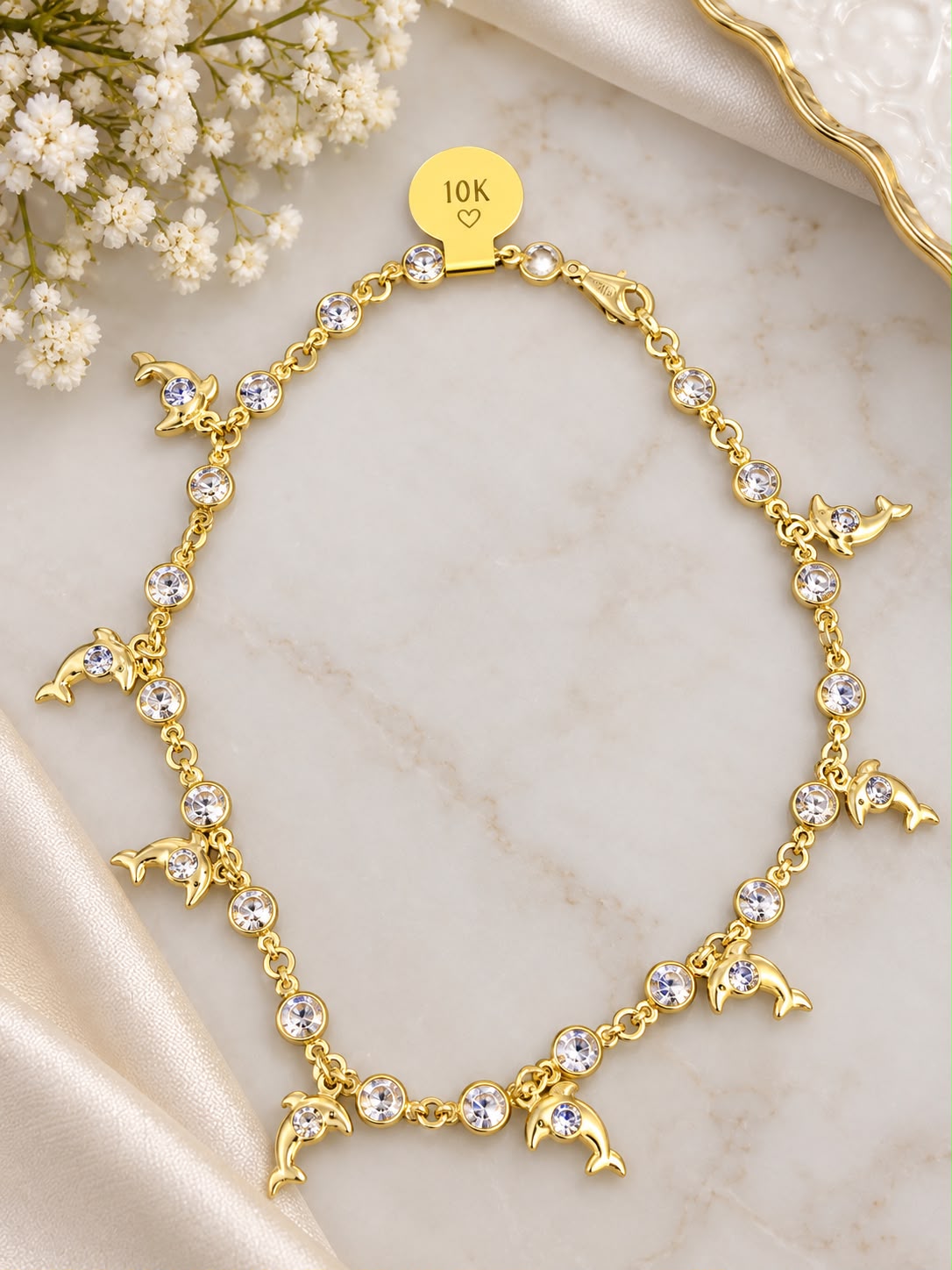 10K Yellow Gold Dolphin Charm Anklet with CZ Stones 10 Inch Women’s Anklet