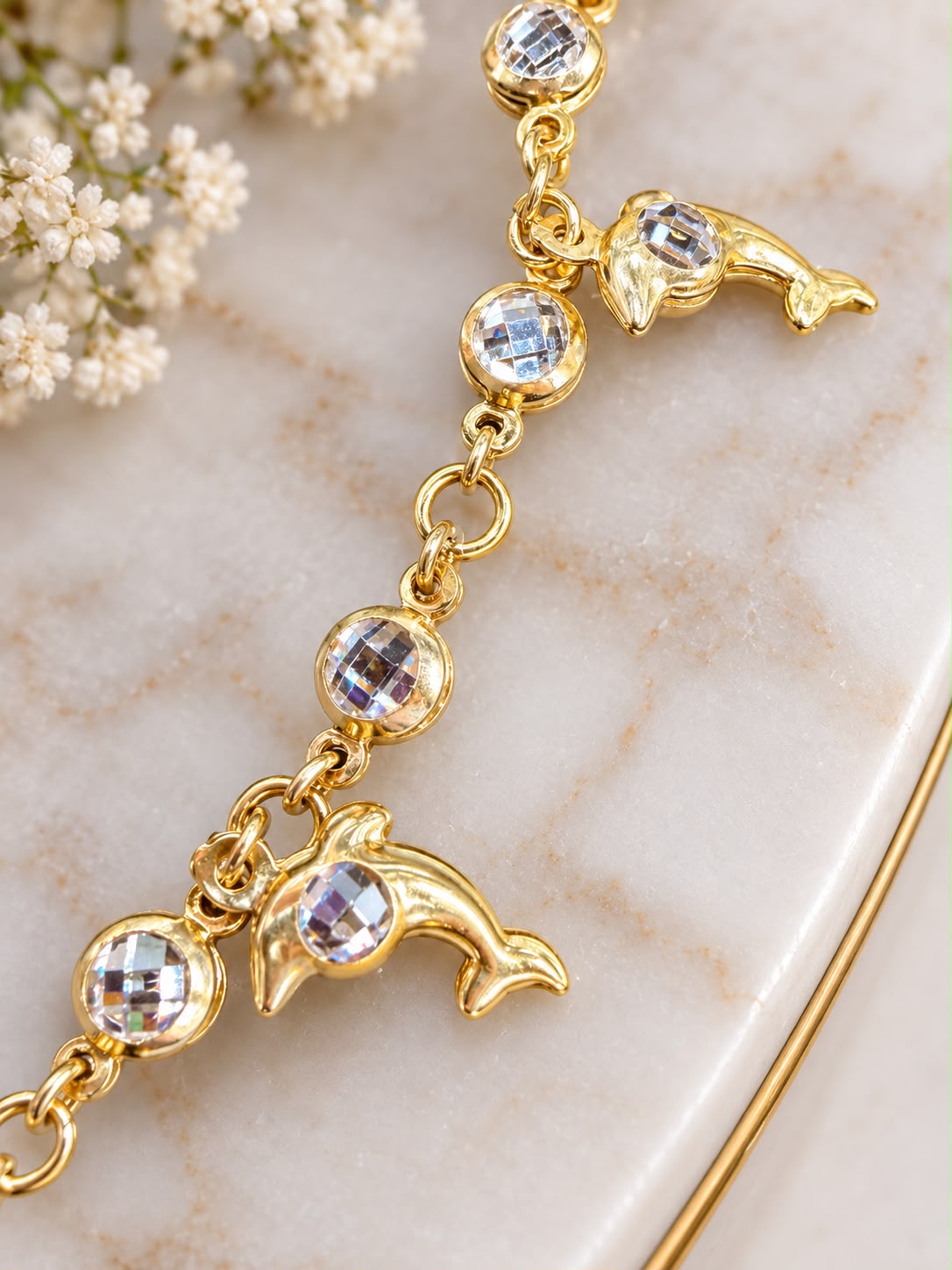 10K Yellow Gold Dolphin Charm Anklet with CZ Stones 10 Inch Women’s Anklet