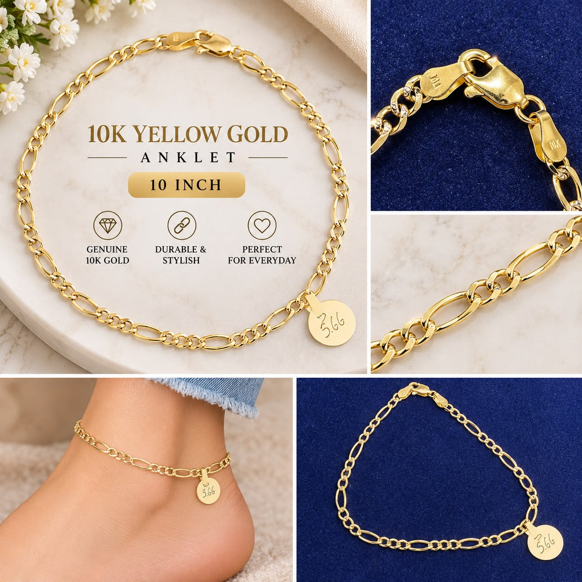 10K Yellow Gold Figaro Link Anklet 10 Inch Women’s Genuine Gold Chai