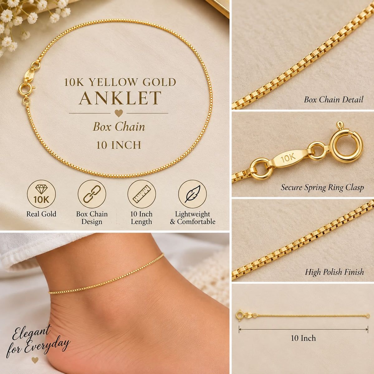 10K Yellow Gold Box Chain Anklet 10 Inch Women’s Genuine Gold Ankle Bracelet