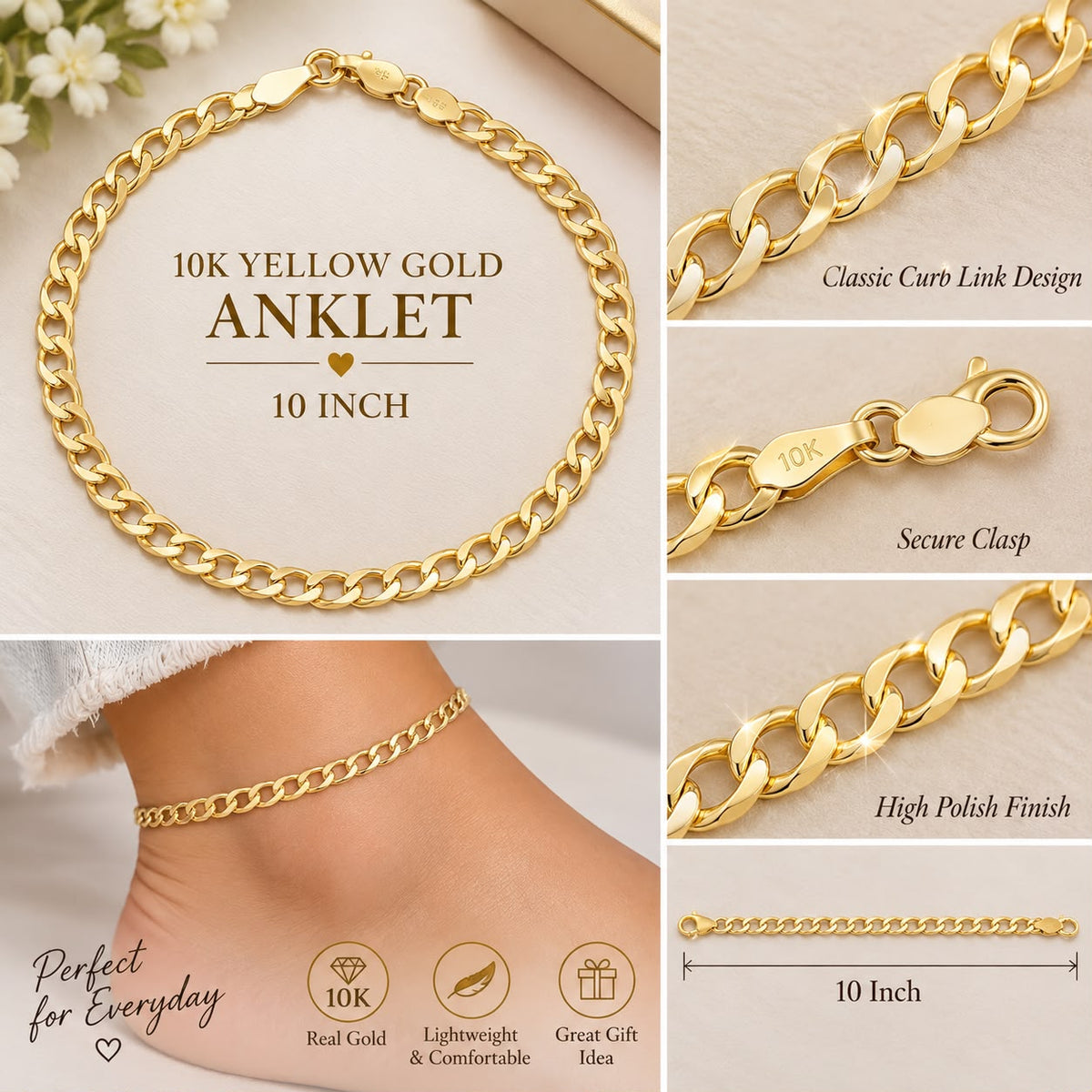 10K Yellow Gold Curb Link Anklet 10 Inch Women’s Genuine Gold Ankle Bracelet