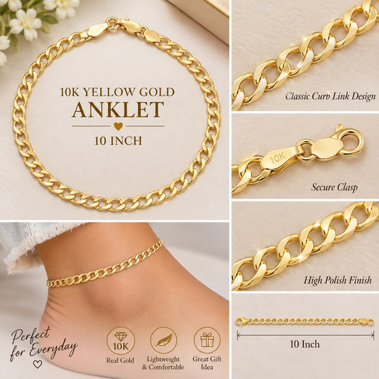10K Yellow Gold Curb Link Anklet 10 Inch Women’s Genuine Gold Ankle Bracelet