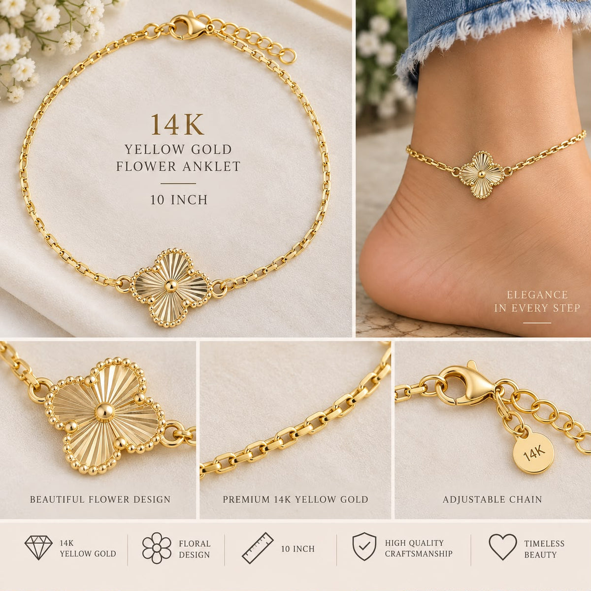 14K Yellow Gold Flower Anklet featuring an elegant floral centerpiece and a classic polished chain.