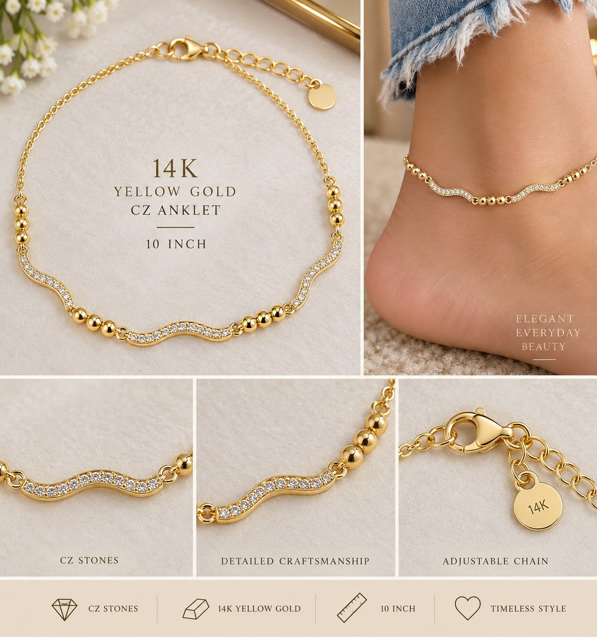 14K Yellow Gold CZ Anklet 10” Wavy Bar Beaded Adjustable Chain Fine Jewelry