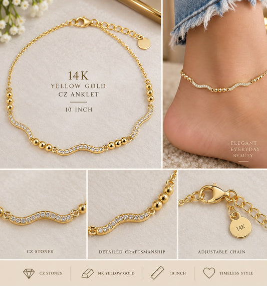 14K Yellow Gold CZ Anklet 10” Wavy Bar Beaded Adjustable Chain Fine Jewelry