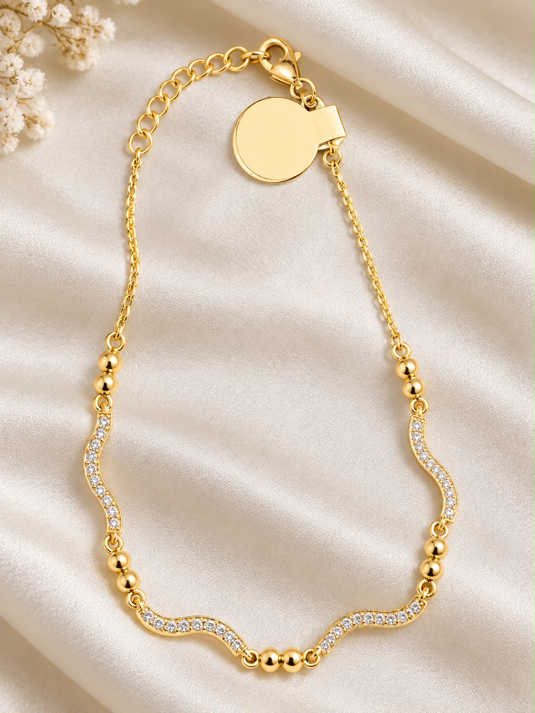 14K Yellow Gold CZ Anklet 10” Wavy Bar Beaded Adjustable Chain Fine Jewelry