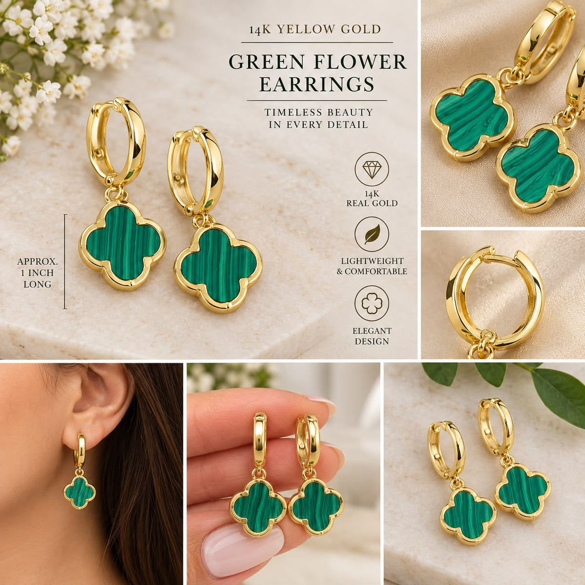 14K Yellow Gold Green Flower Drop Huggie Hoop Earrings 1” Dangle Earrings