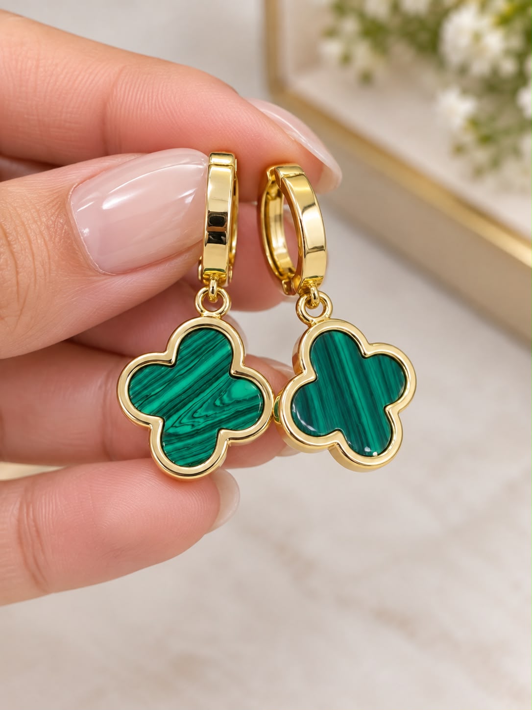 14K Yellow Gold Green Flower Drop Huggie Hoop Earrings 1” Dangle Earrings