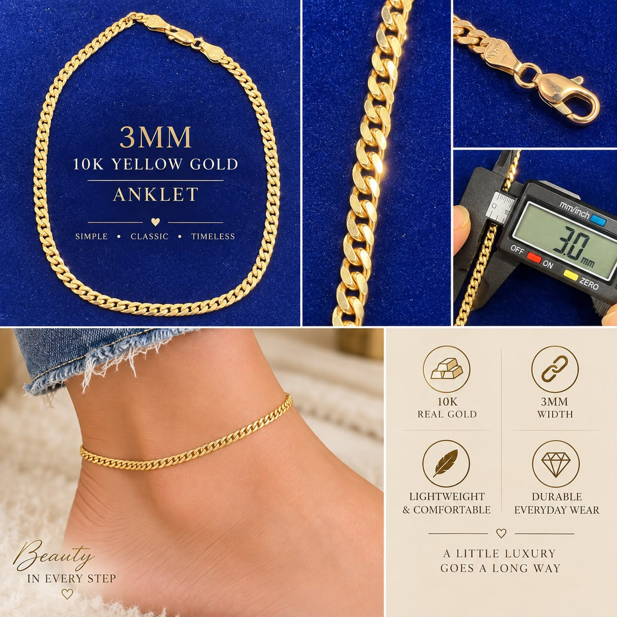 10K Yellow Gold 3mm Cuban Curb Link Anklet 10” Lobster Clasp Fine Jewelry