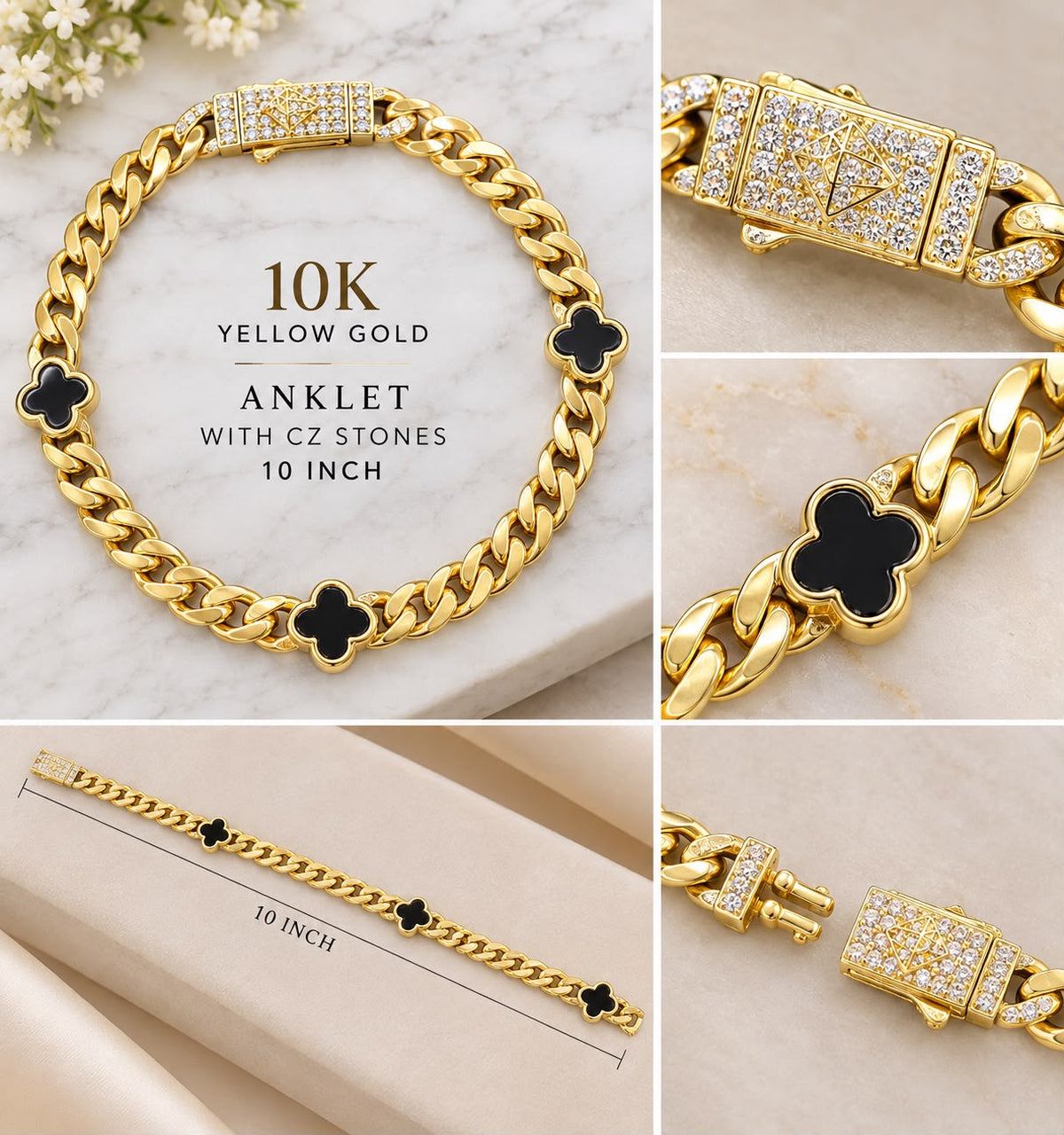 10K Yellow Gold Cuban Link Anklet 10” Black Flower CZ Box Clasp Fine Jewelry