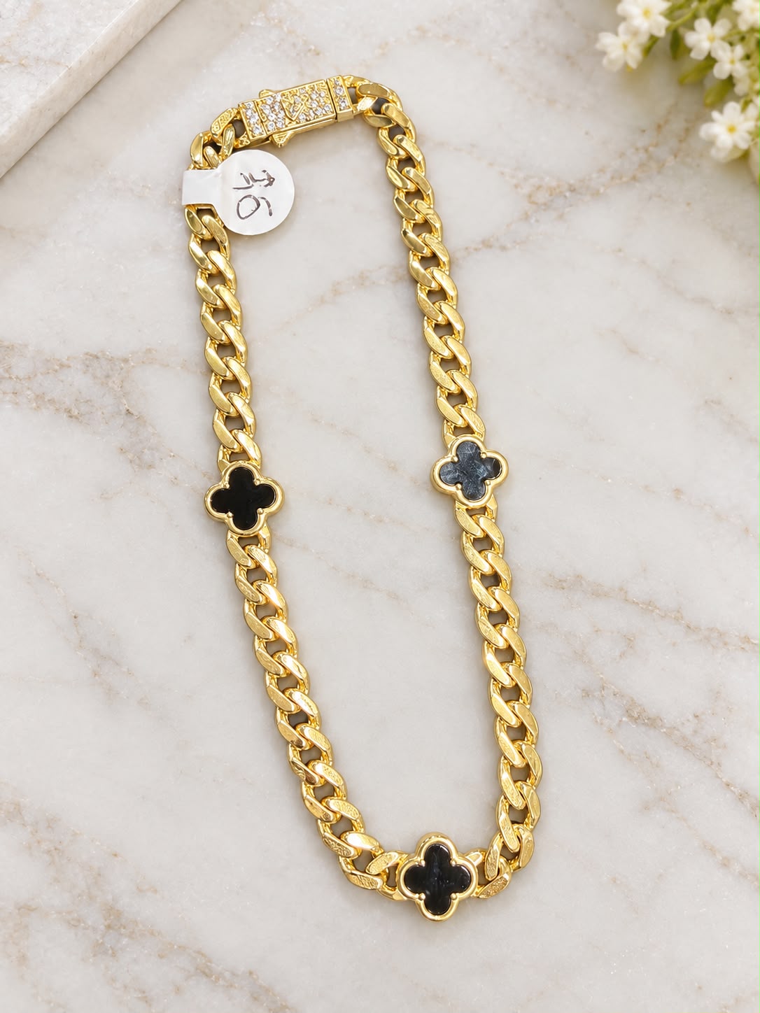 10K Yellow Gold Cuban Link Anklet 10” Black Flower CZ Box Clasp Fine Jewelry