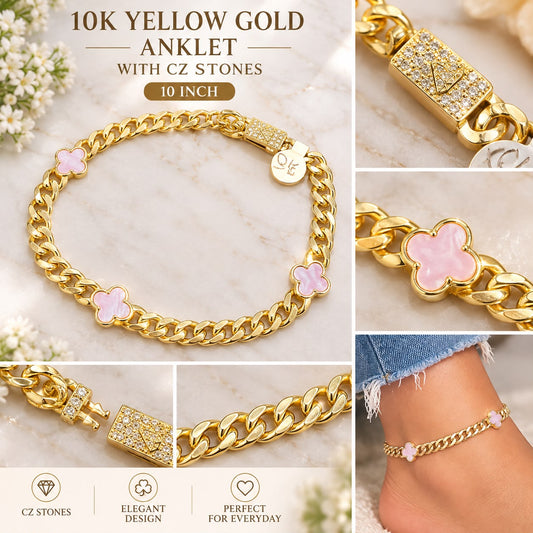 10K Yellow Gold Cuban Link Anklet Pink Flower CZ Stones 10” Women’s Fine Jewelry