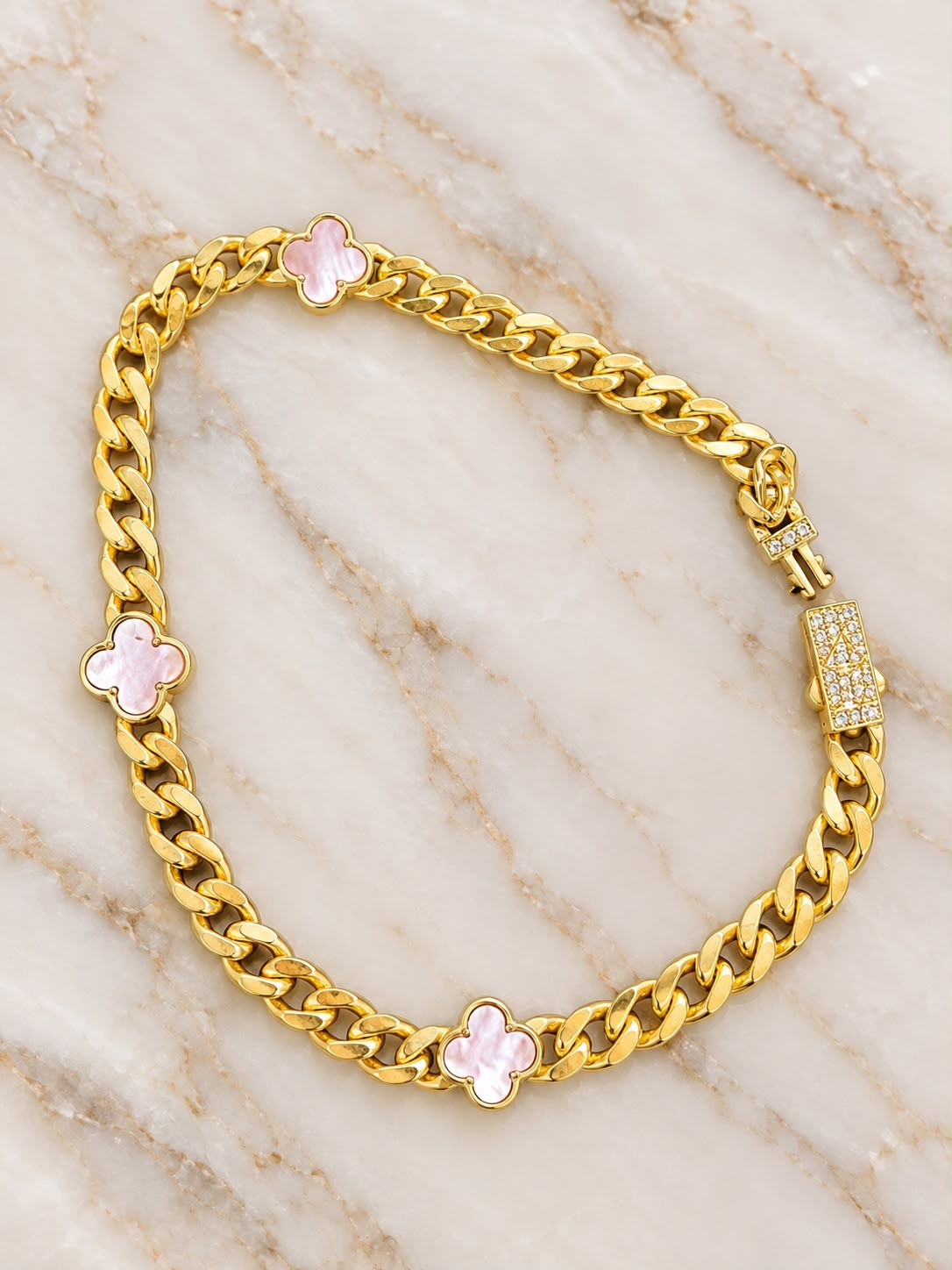 10K Yellow Gold Cuban Link Anklet Pink Flower CZ Stones 10” Women’s Fine Jewelry