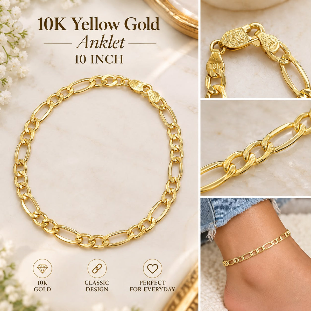 10K Yellow Gold Figaro Link Anklet 10” Women’s Fine Jewelry