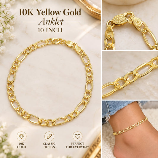 10K Yellow Gold Figaro Link Anklet 10” Women’s Fine Jewelry