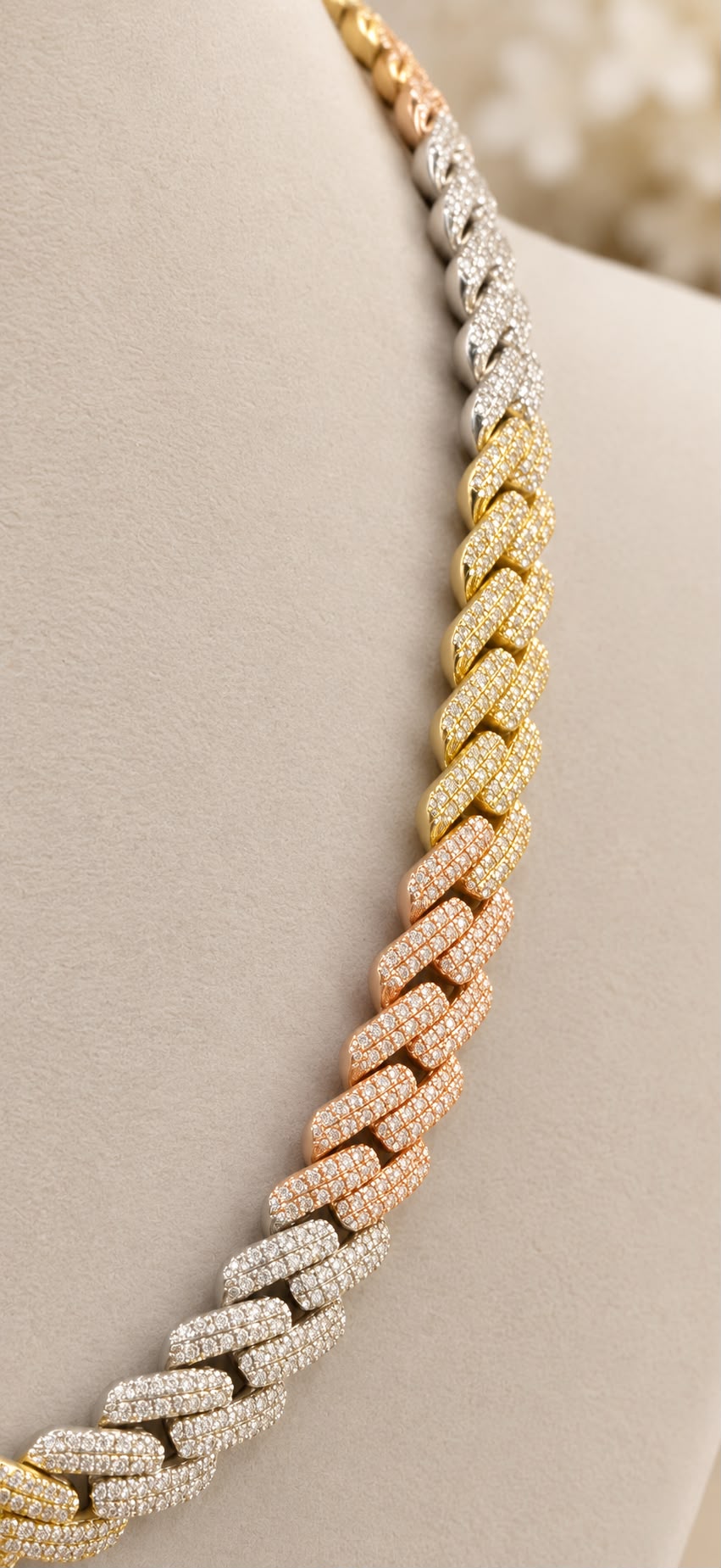 10K Gold Tri-Color Diamond Cuban Link Necklace 20” 12.5mm 10.41 CT