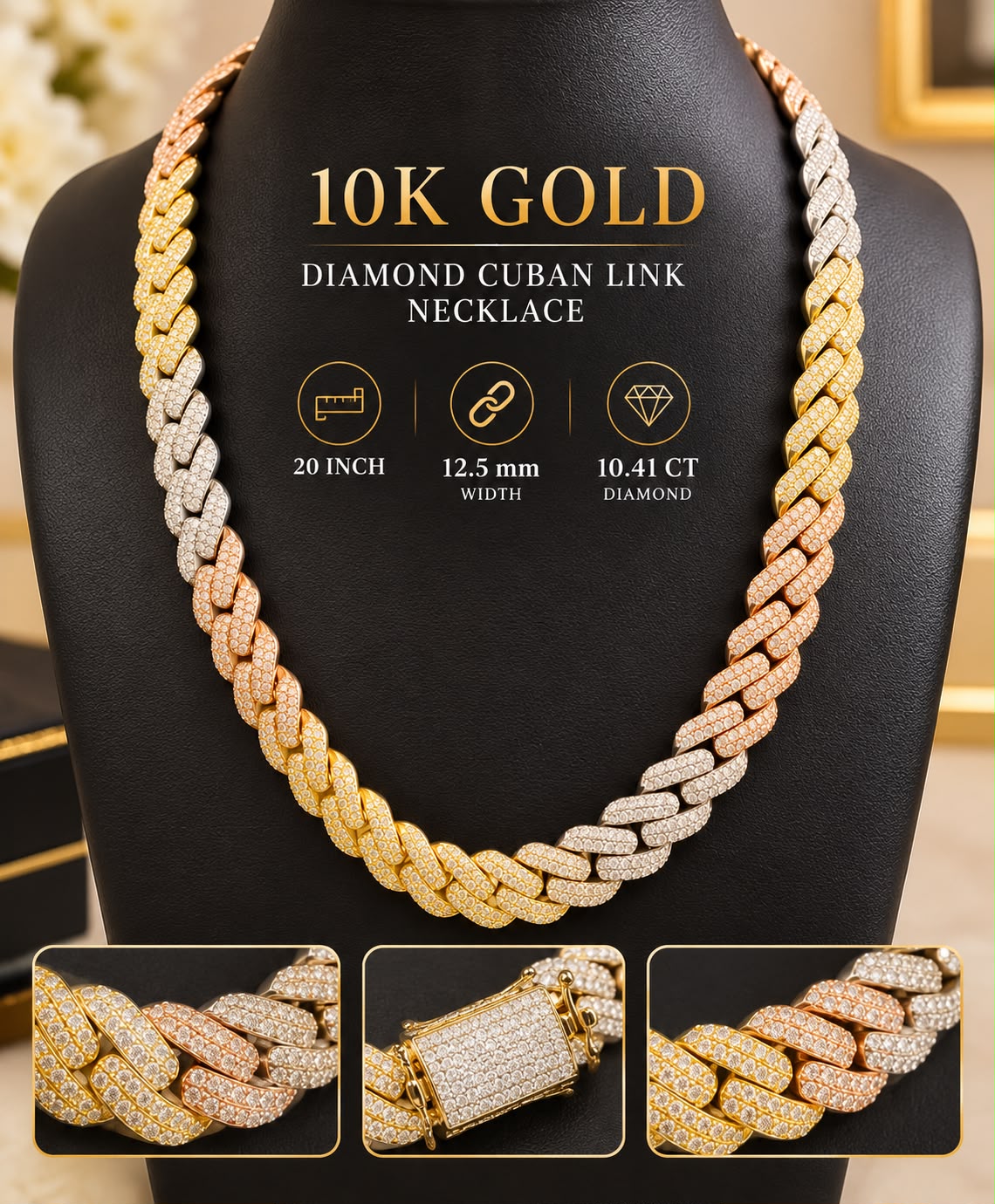 10K Gold Tri-Color Diamond Cuban Link Necklace 20” 12.5mm 10.41 CT