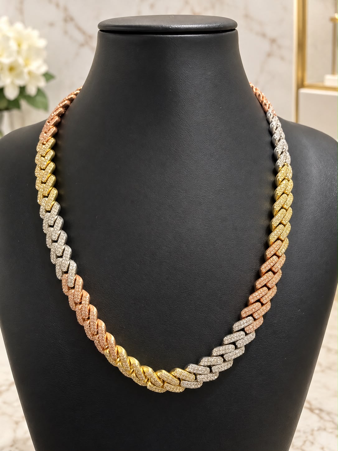 10K Gold Tri-Color Diamond Cuban Link Necklace 20” 12.5mm 10.41 CT