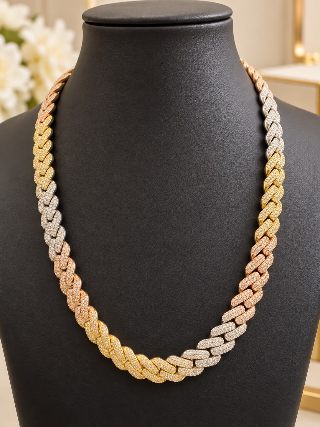 10K Gold Tri-Color Diamond Cuban Link Necklace 20” 12.5mm 10.41 CT