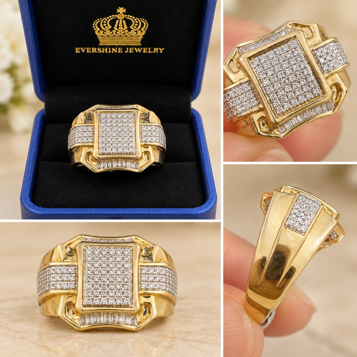 10K Yellow Gold Men’s Diamond Ring 0.33 CTW Square Baguette Statement Ring