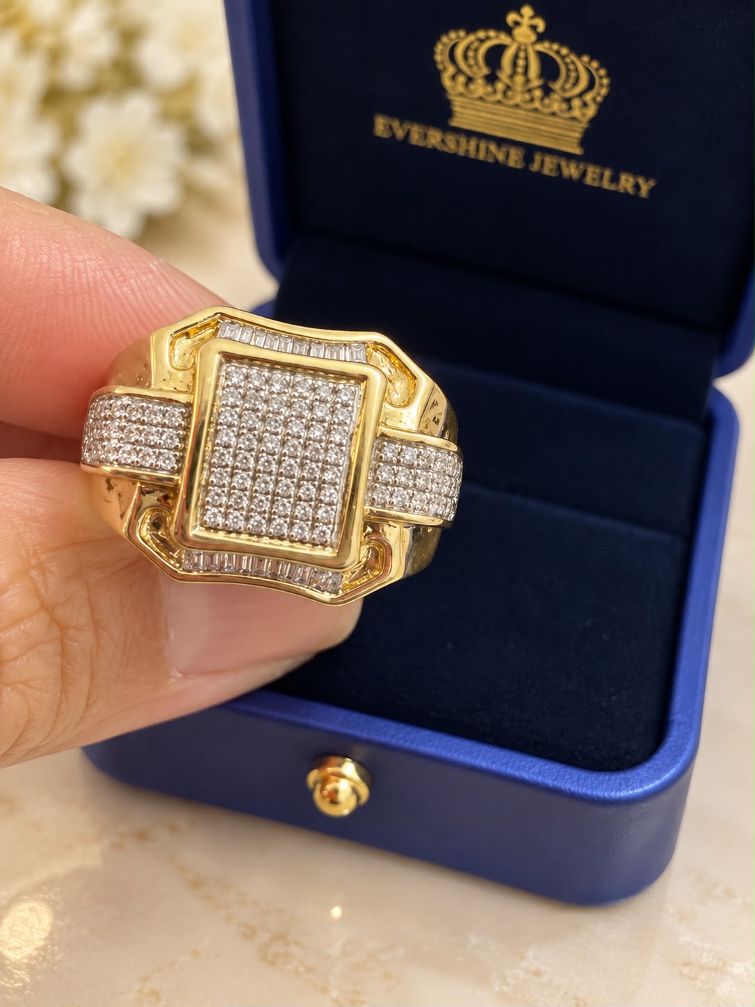 10K Yellow Gold Men’s Diamond Ring 0.33 CTW Square Baguette Statement Ring