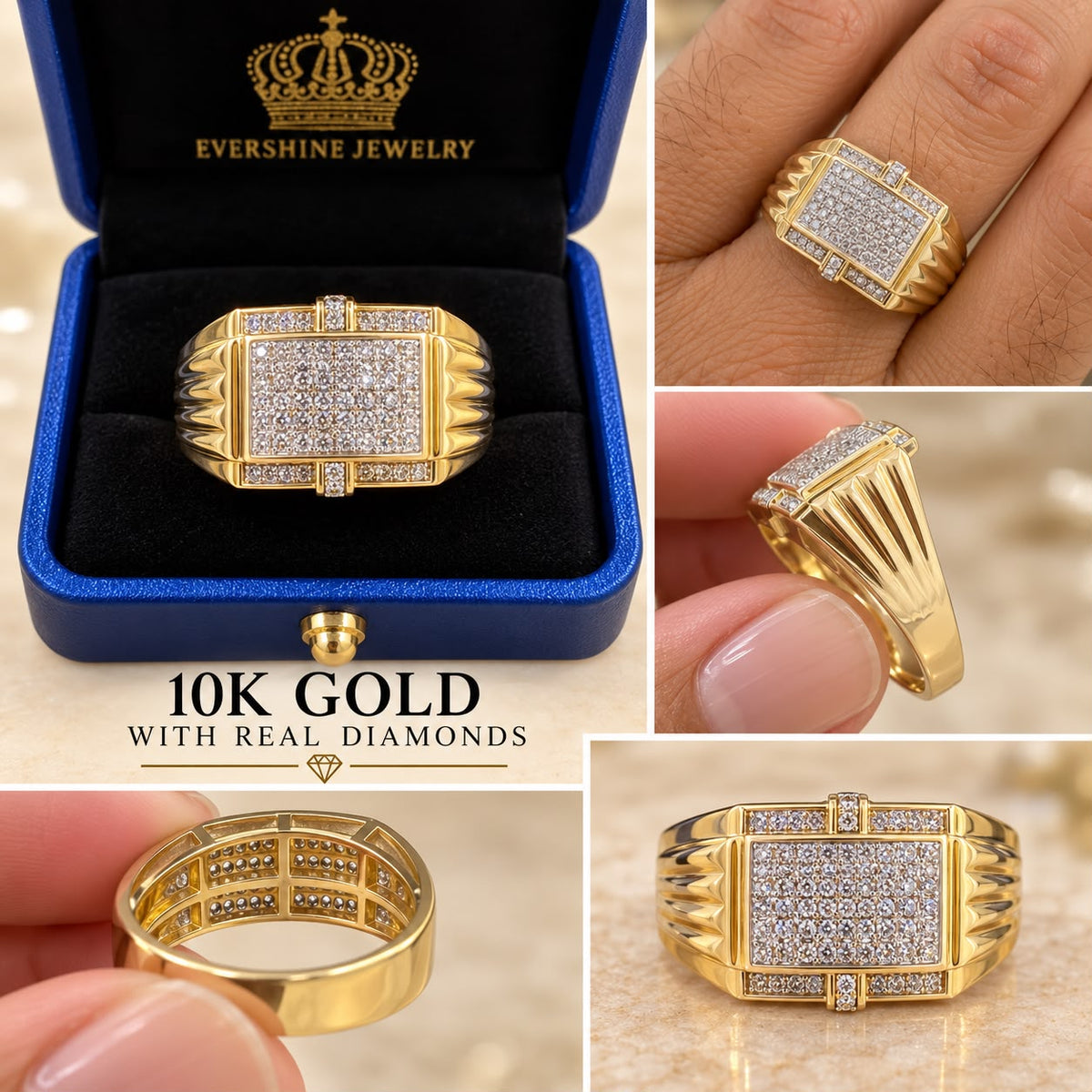 10K Yellow Gold Men’s Natural Diamond Ring Rectangular Statement Ring