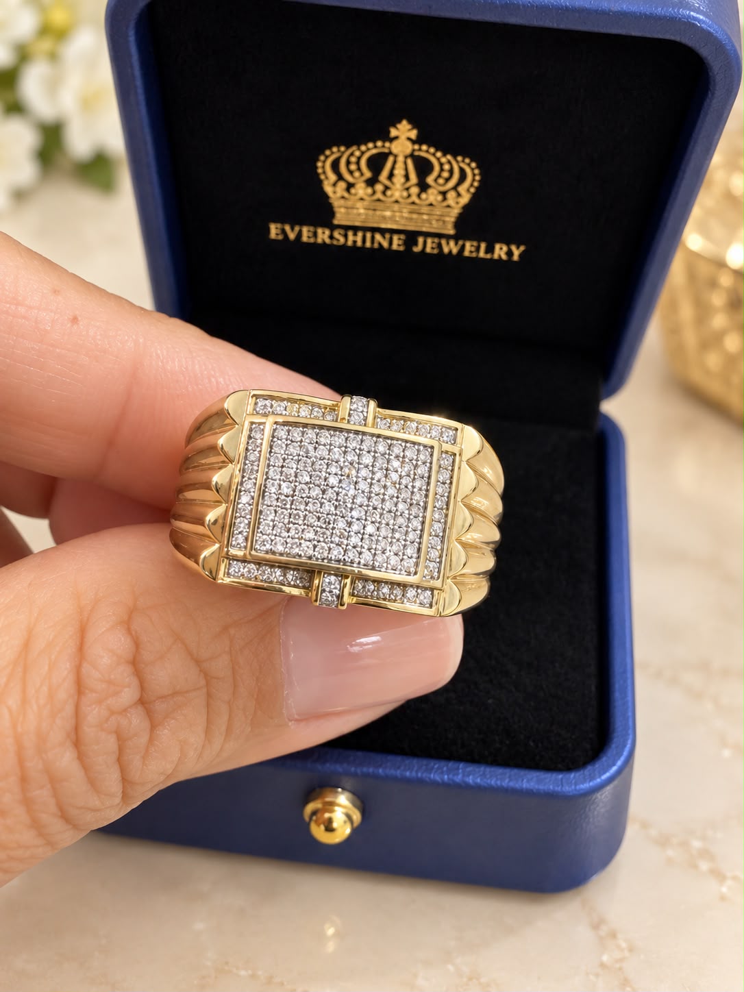10K Yellow Gold Men’s Natural Diamond Ring Rectangular Statement Ring