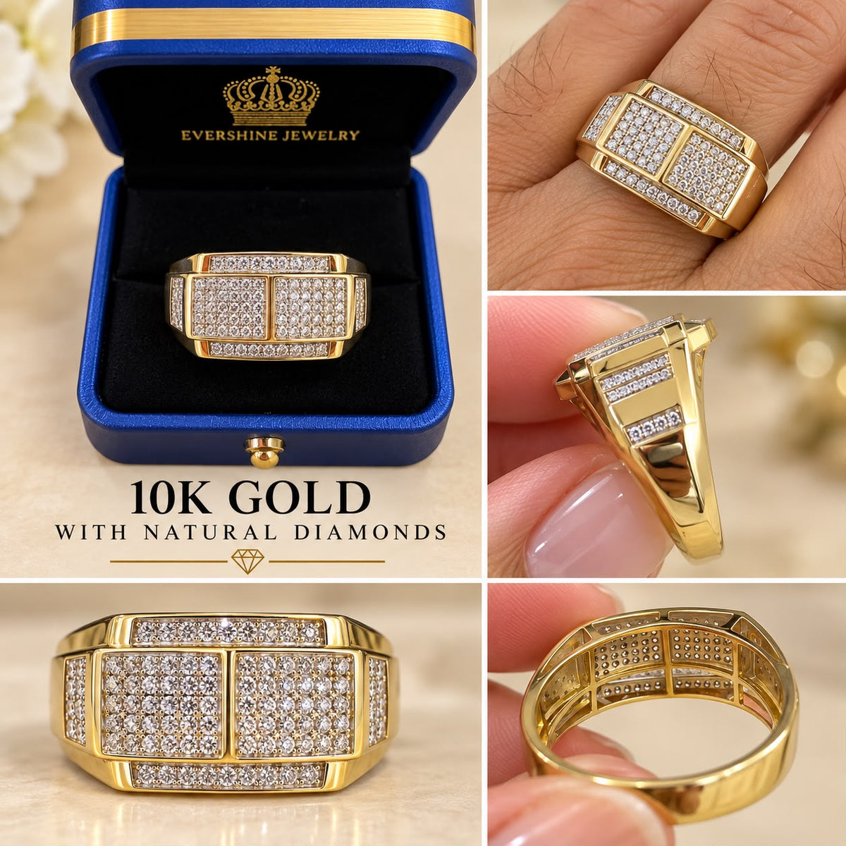 10K Yellow Gold Men’s Natural Diamond Ring Rectangular Statement Ring