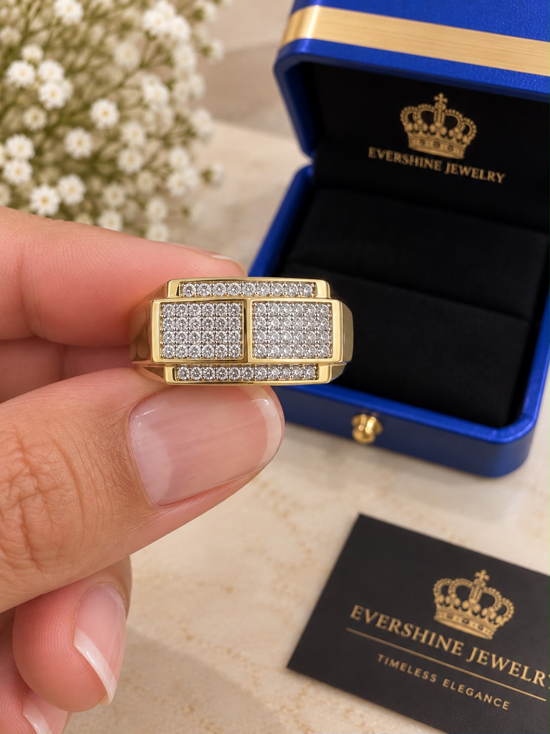 10K Yellow Gold Men’s Natural Diamond Ring Rectangular Statement Ring